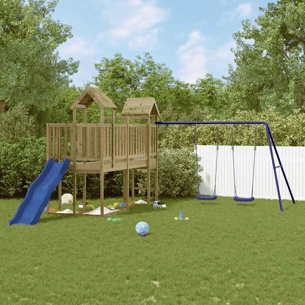 Spielturm aus imprägniertem Kiefernholz mit Rutsche, Doppelschaukel, Sandkasten, Nestschaukel, Klettergerüst, wetterfest, robust für Kinder Garten Spielhaus draußen
