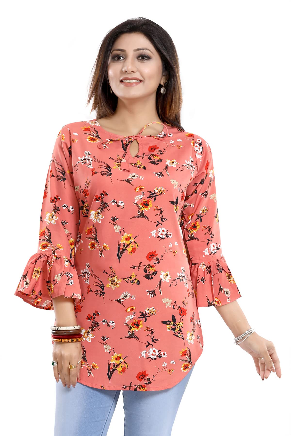 KeshubabaWomen's Polyester Crepe Short Tunic Top | Short Kurti for Jeans for Women