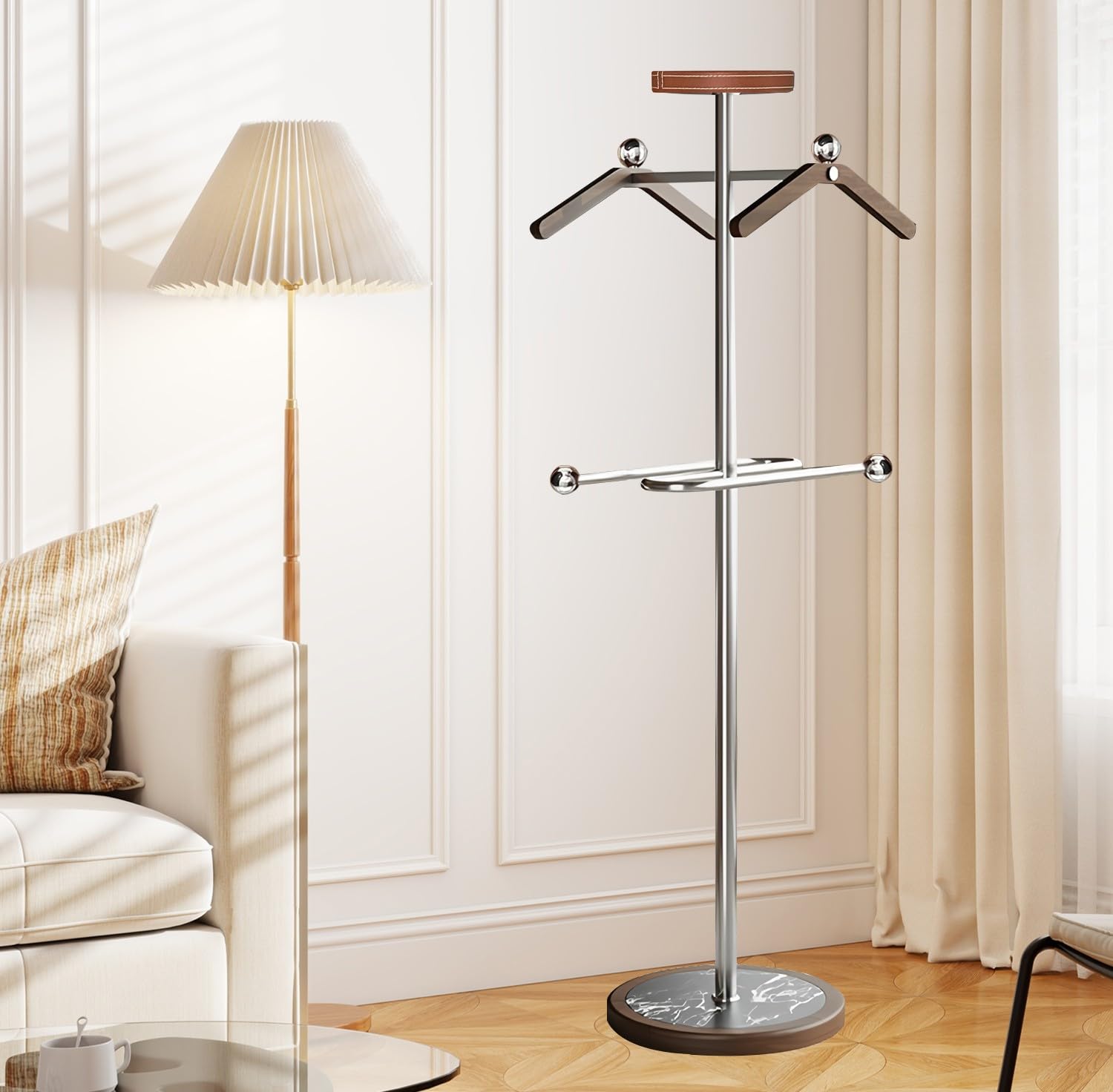 ZMJGLL Freestanding Valet Stand with Tray and Hangers, Wrinkle-Resistant Design for Living Room or Office,Stable Base,Space-Saving Design (B)