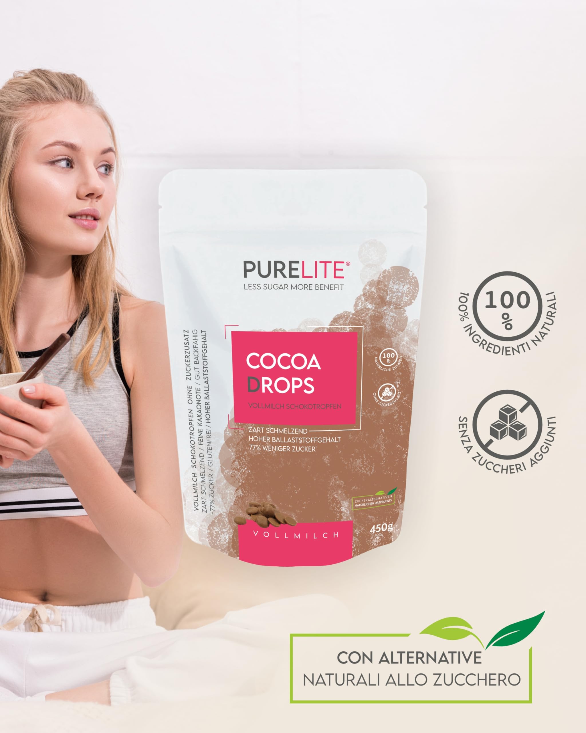 PURELITE Cocoa Drops cioccolato 450g, gocce di cioccolato al latte intero senza zuccheri aggiunti, eritritolo e stevia senza retrogusto, con il 77% di calorie in meno