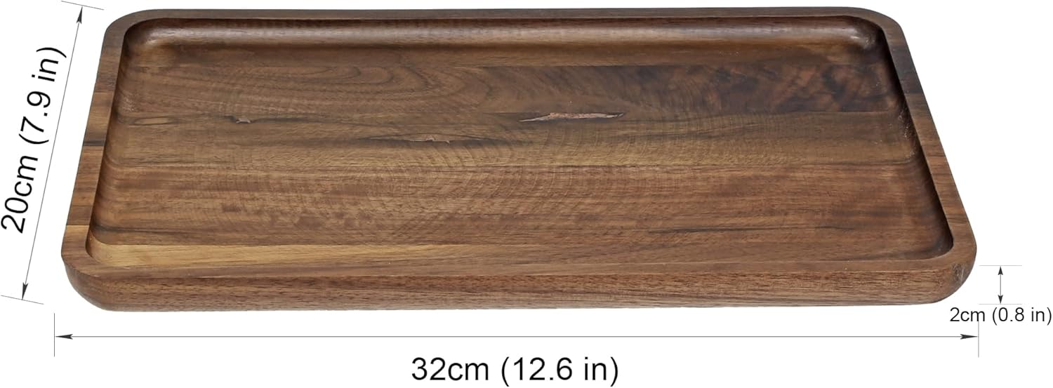Wooden Serving Tray Walnut Wood Breakfast Platter Food Snack Dessert Coffee Tea Decorative Vanity Tray with Edge for Kitchen Living Room Bathroom Bedroom Home Decor (Large, Rectangular)