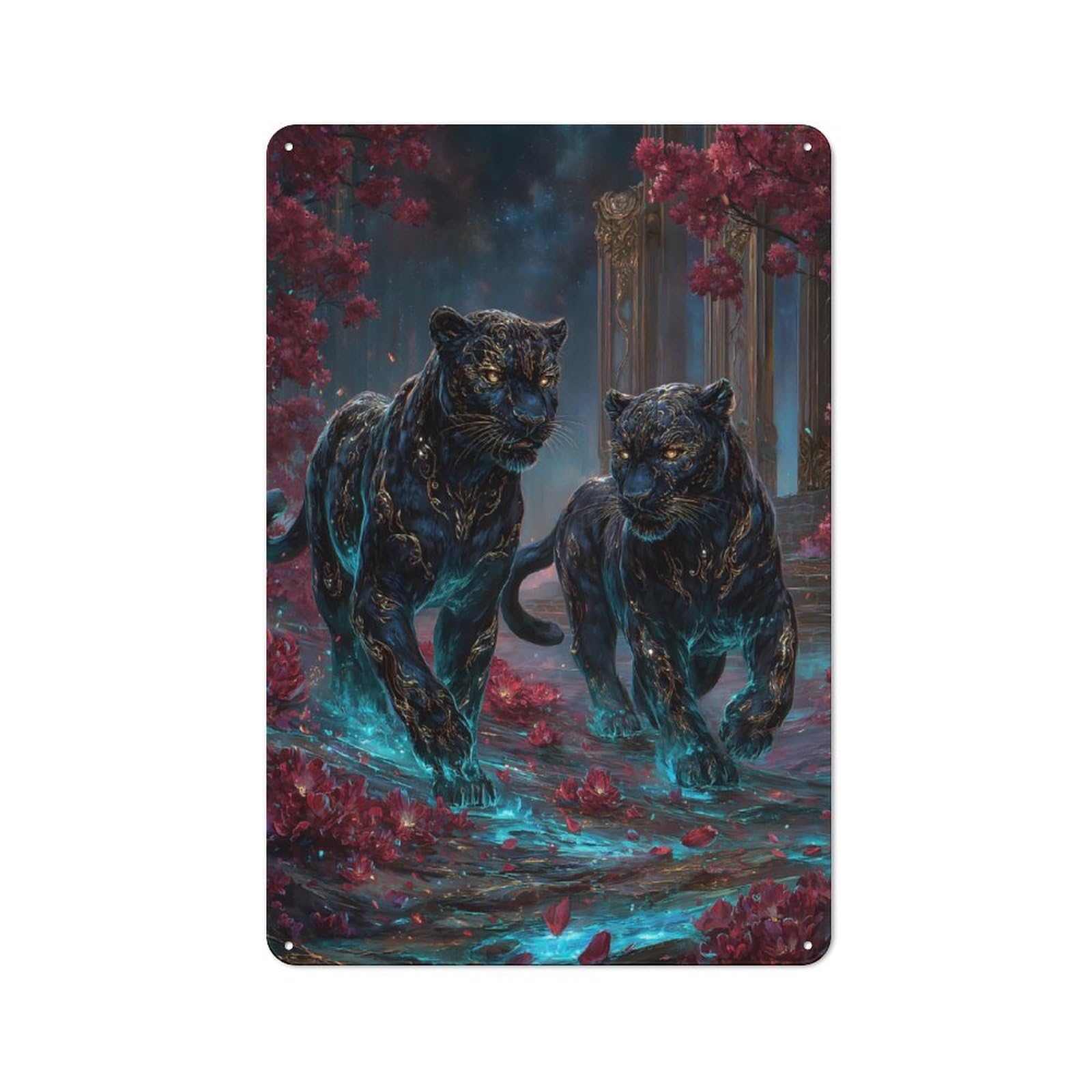 For Hobby Room Or Studio, Two Black Panthers in Floral Landscape Retro-style Tin Sign 30x20cm, for Room Styling Across Hobby Rooms And Studios