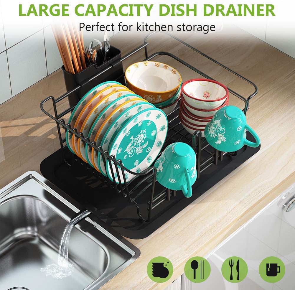 1Easylife Dish Drying Rack, Dish Drainer for Kitchen Rustproof Dish Rack and Drainboard Set with Removable Utensil Holder and Adjustable Swivel Spout, Countertop or in Sink Dry Rack (Black)