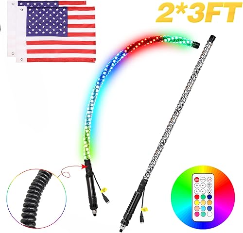 Miniatura 8 de LTEODCHEW 2 luces LED de látigo de 6 pies con control remoto RF, luces de látigo RGB de persecuciónluz bailarina, banderas de látigo para ATV, UTV,