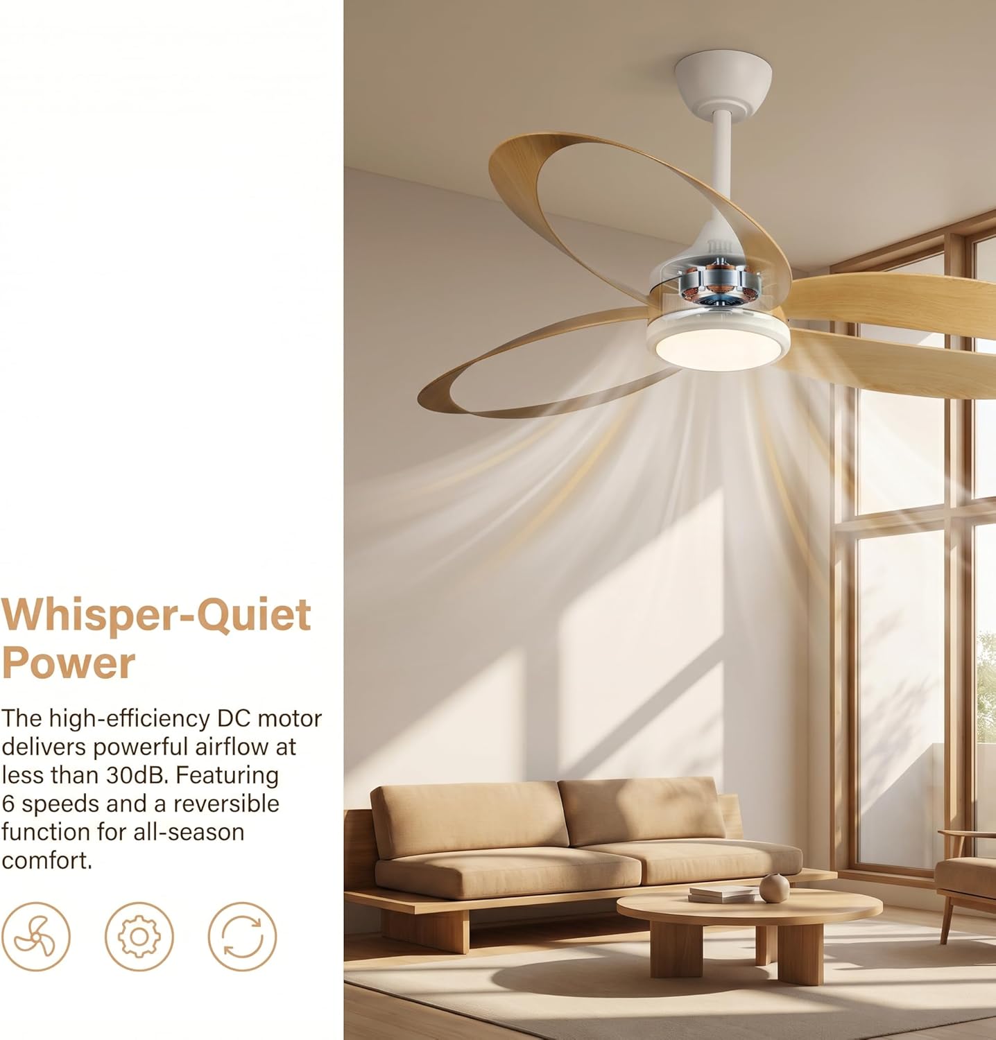 42 Inch Ceiling Fan with Light, Low Profile Flush Mount, Quiet DC Motor, Remote Control, 3 Color Temperatures Dimmable LED, Reversible, ABS Blades, for Bedroom Living Room Kitchen