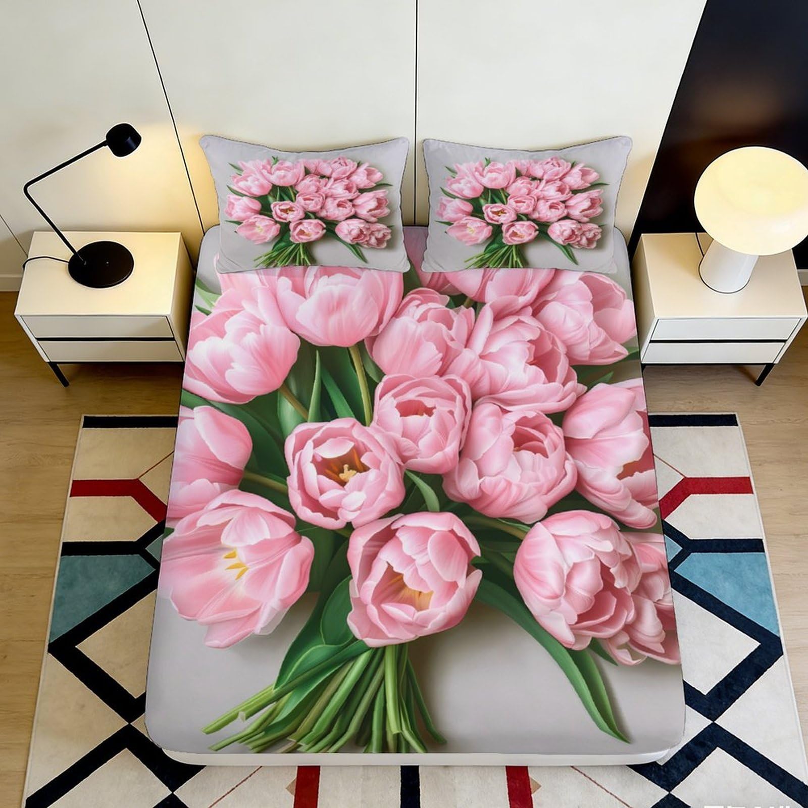 3D Printed Tulip Pattern Fitted Sheet Microfiber Deep Pocket Non-Slip Tulip Mattress Fitted Cover for Bedroom Bedding 200x200x25cm 90x200x25cm