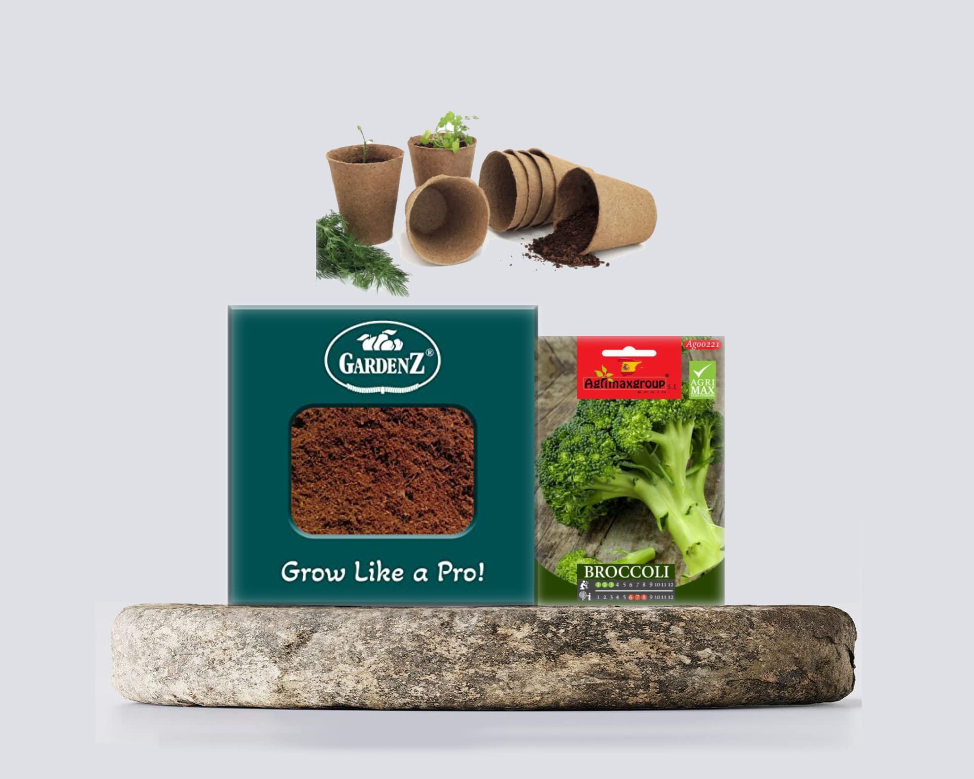 Bundle-pack Gardenz Soil Cocopeat for Indoor/Outdoor Plants 1.5 Kgs. | Broccoli Seeds AG00222 Agrimax | Jiffy-Pots Seed Starting 8pcs