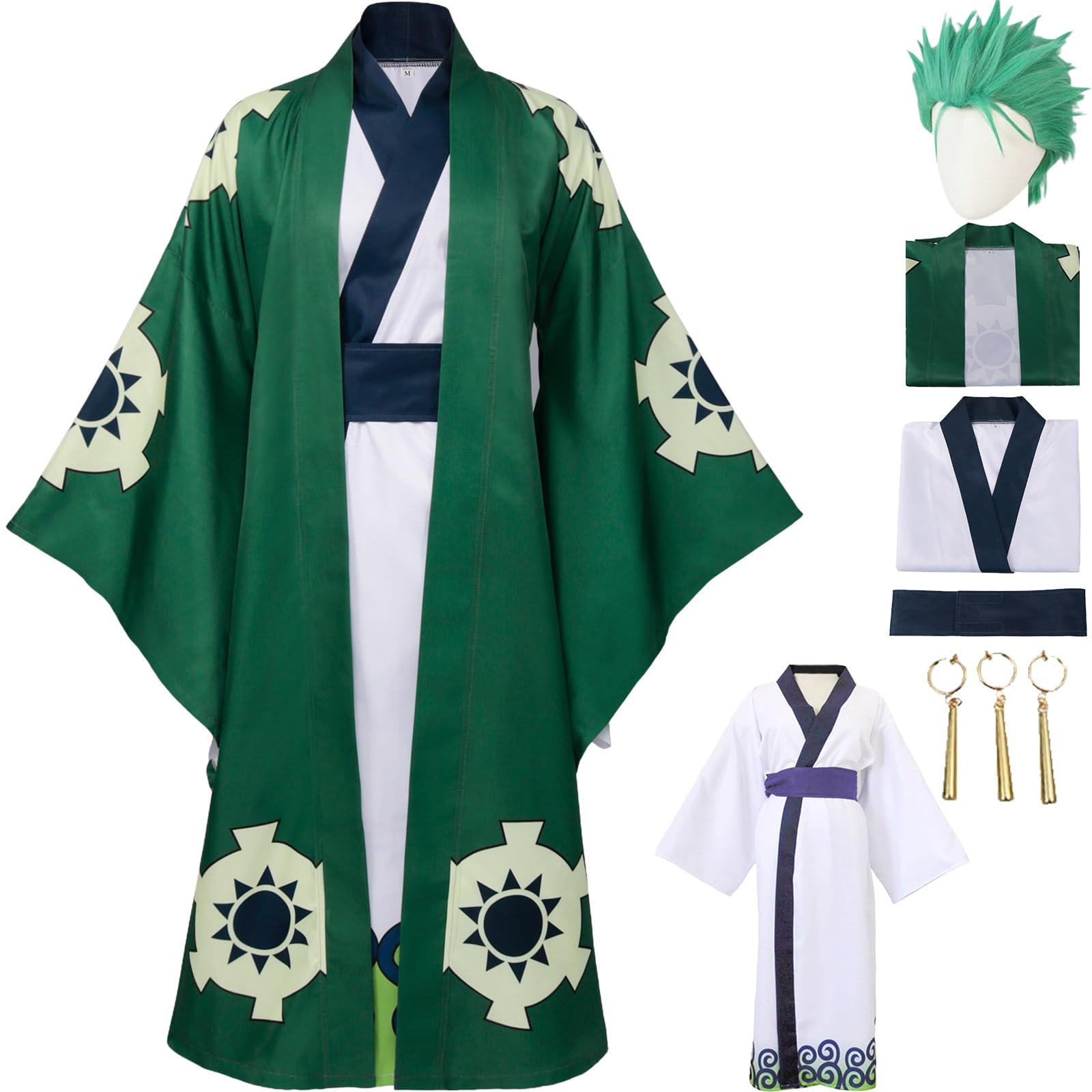 Anime Roronoa Cosplay Costume with Wig Earrings Green Kimono Suit Halloween Set (Green with wig, Small)