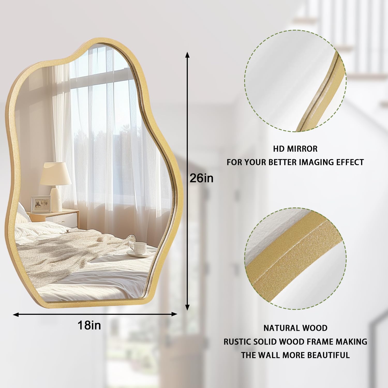 Gold Irregular Mirror for Wall Decor - Modern Asymmetrical Wooden Framed Wavy Mirror - Decorative for Living Room, Bedroom, Bathroom, Entryway - Gray