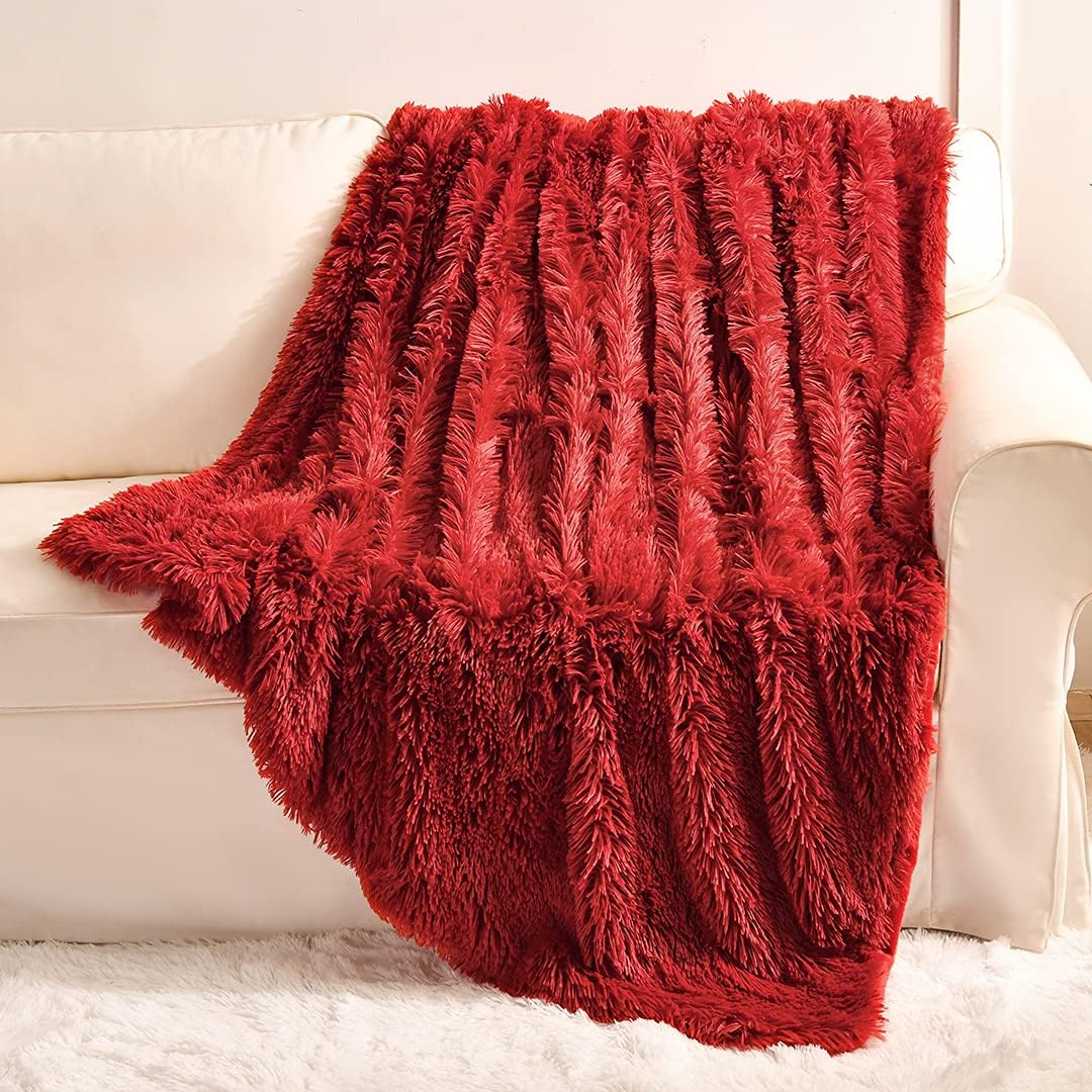 YUSOKI Long Faux Fur Throw Blanket for Sofa Couch,2 Layers,2.1lb,All Ages,Home Decoration, (Red,50" x 60")