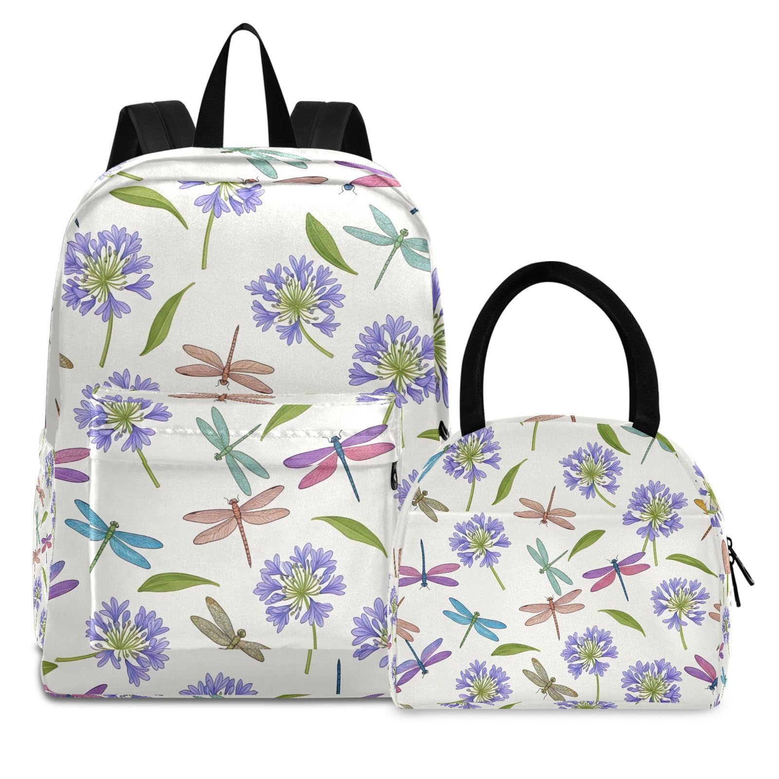 Sac à dos étanche avec boîte à déjeuner libellules rétro et fleurs - 8