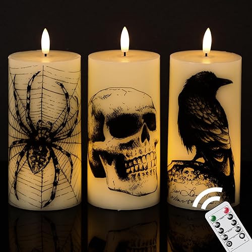 Miniatura 10 de Eldnacele Juego de 3 velas parpadeantes de Halloween que funcionan con pilas, decoración espeluznante de terror