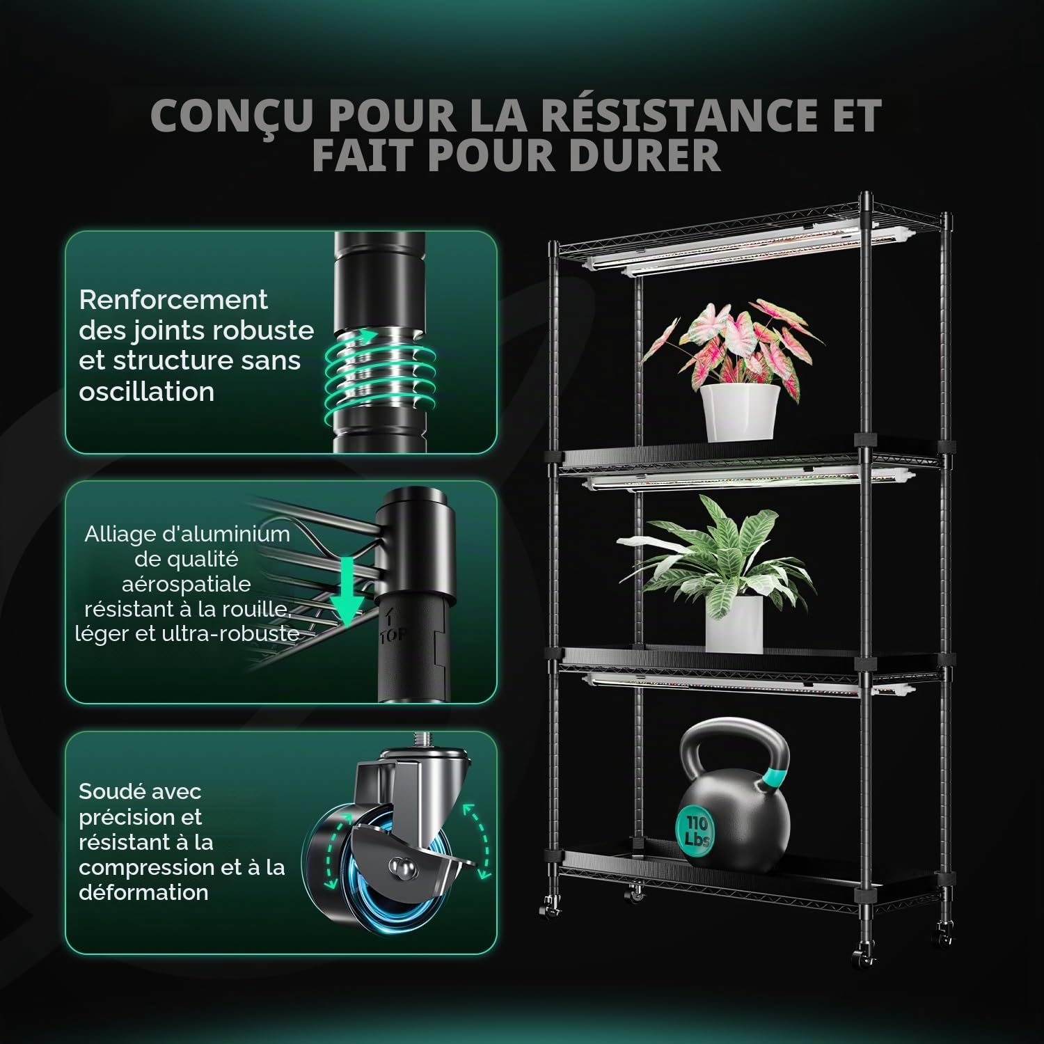 MARS HYDRO 2025 Support pour plantes avec lumières de culture, étagère pour plantes à 4 niveaux avec 6 lampes LED à spectre complet (150 W, 3 pieds) et tente de culture pour légumes, semis