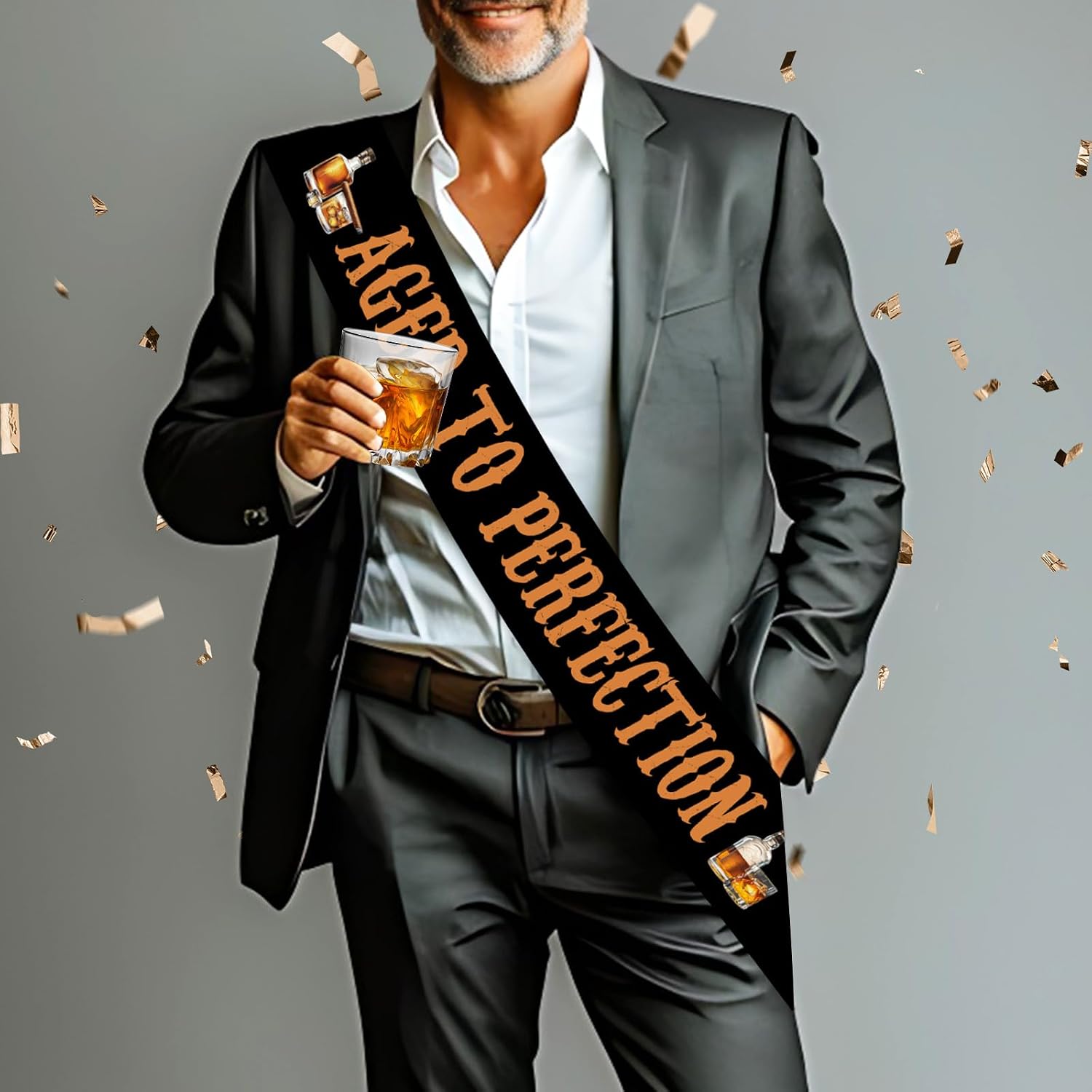 Aged to Perfection Birthday Party Decorations Whiskey and Cigar Birthday Sash for Men Boy Funny Black Satin Sash for Whiskey Birthday Party Supplies Gifts Favors for Husband Brother Son
