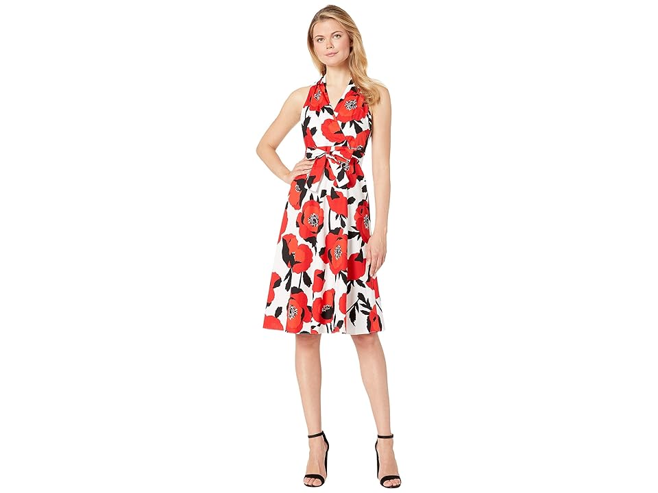 

London Times Cotton Halter Wrap Midi Dress (White/Red) Women's Dress