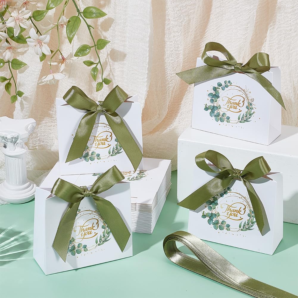 FREEBLOSS 100 Packung Kleine Gastgeschenktüten Mit Grüner Schleife Und Eukalyptusblättern Ideal als Gastgeschenk Für Hochzeiten Geburtstage Babypartys Oder als Mitbringsel (4.5" x 1.8" x 3.9" cm).