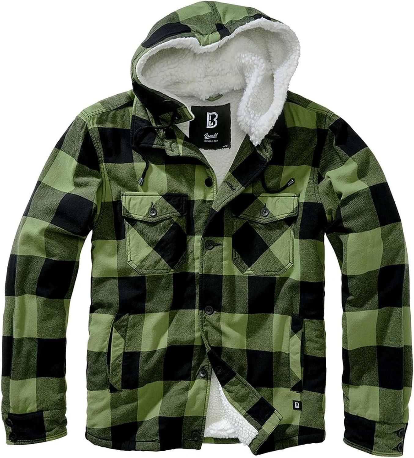 Brandit Individual Wear Men's Flannel Lumber Jacket - Warm All Weather Casual Outdoor Shera-Lined Jacket with Removable Hood, Black/Olive Gheck, Medium