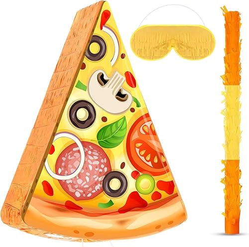 Pizza Piñata Pizza Slice - Recuerdo de fiesta, incluye palo con los ojos vendados y confeti, decoración de fiesta de cumpleaños temática de