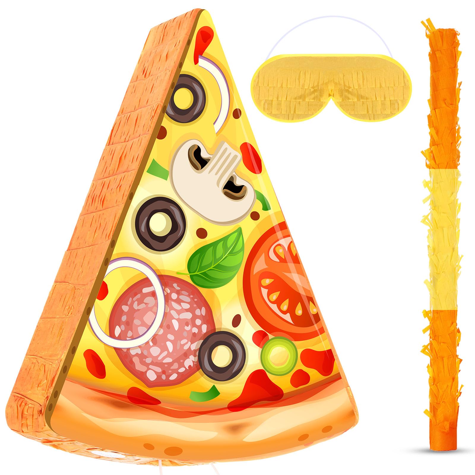 Pizza Piñata Pizza Slice Party Favor Includes Stick Blindfold Bat and Confetti Food Themed Birthday Party Decor for Cinco De Mayo Decor for Pizza Shower Themed Supplies, 16.1 x 13 x 3.2 Inches
