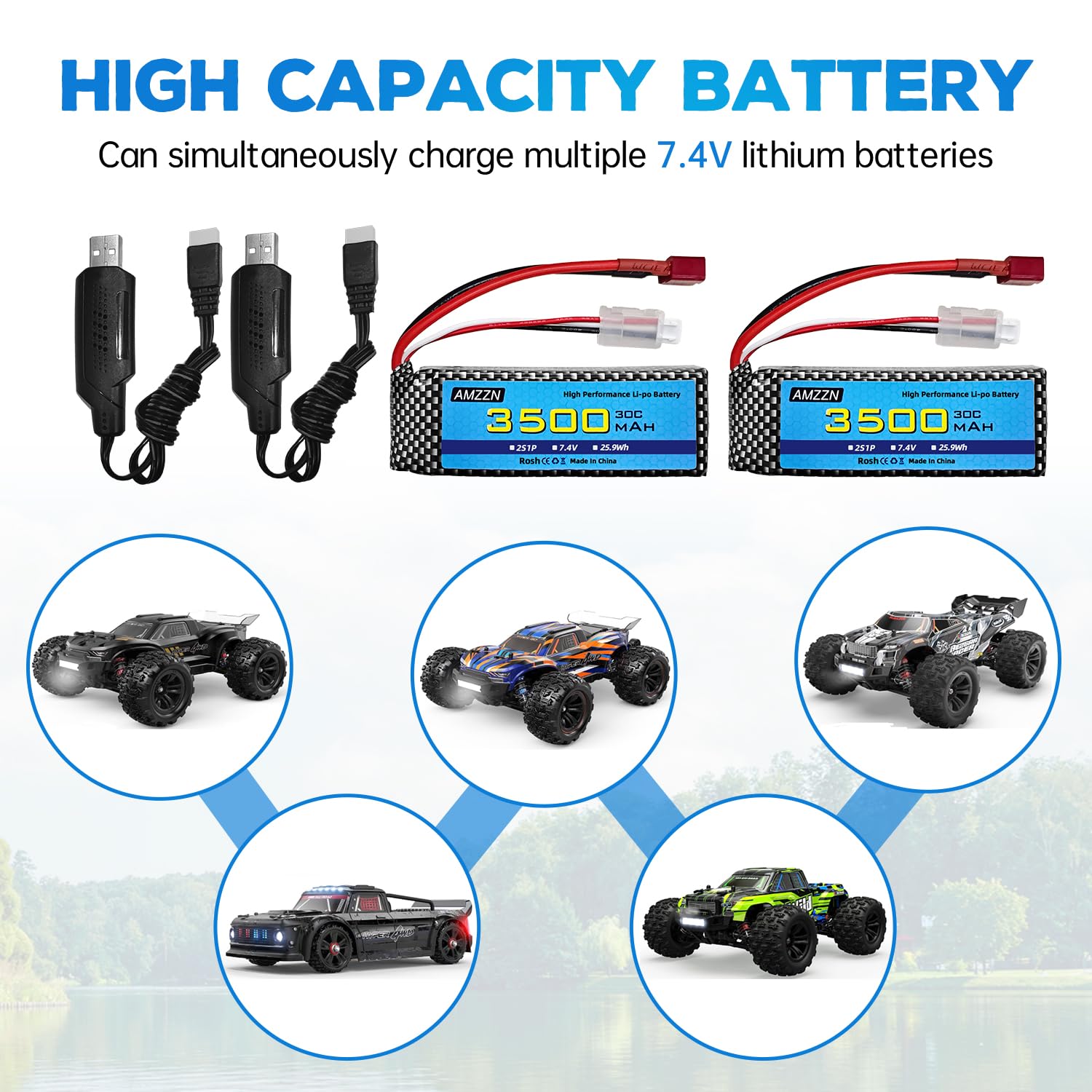 2PCS 7.4V 3500mah 30C 2S Lipo batteria T spina con caricabatterie 2-in-1 per MJX H16 H16P H16E H16GT H16BM H16DR H16PL 14301 RC auto ad alta velocità