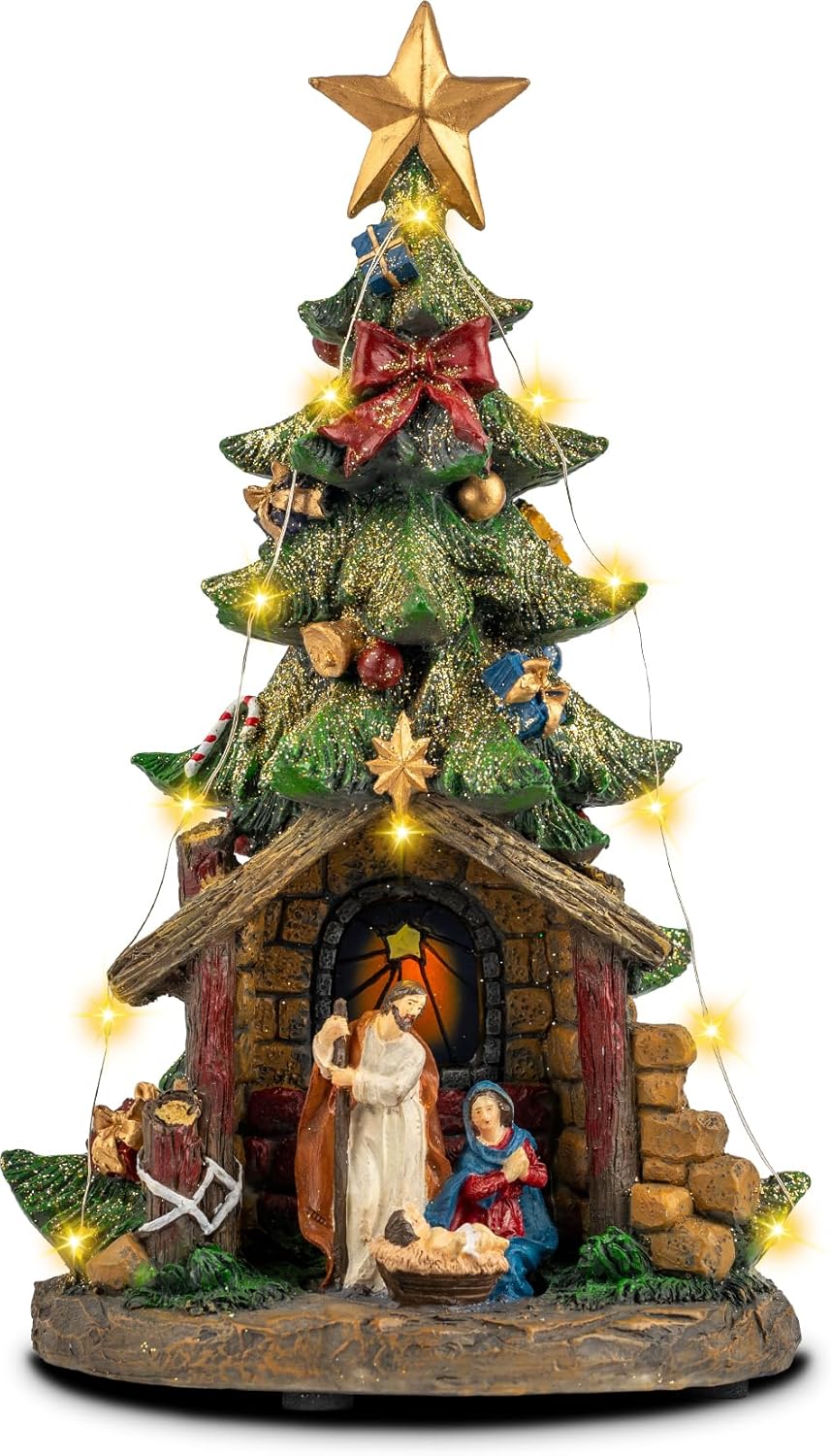 12'' Christmas Tree Lighted Manger Nativity Scene, Musical Holy Family Figurines LED Light Play Silent Night Music, Holiday Decorations Gifts for Family or Friends