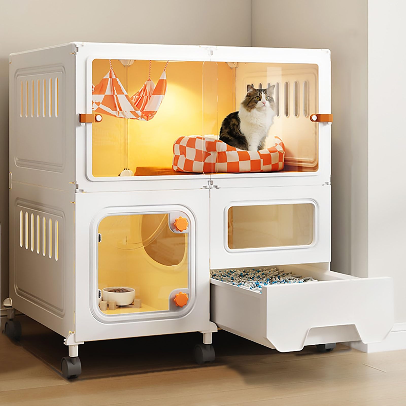 Pucaru DIY Cat Cage with Litter Box, Home Indoor Cat Villa, Detachable Cat Enclosure, Hollow Side Panels on Both Sides, Ventilation and Breathability(70x45x77cm)