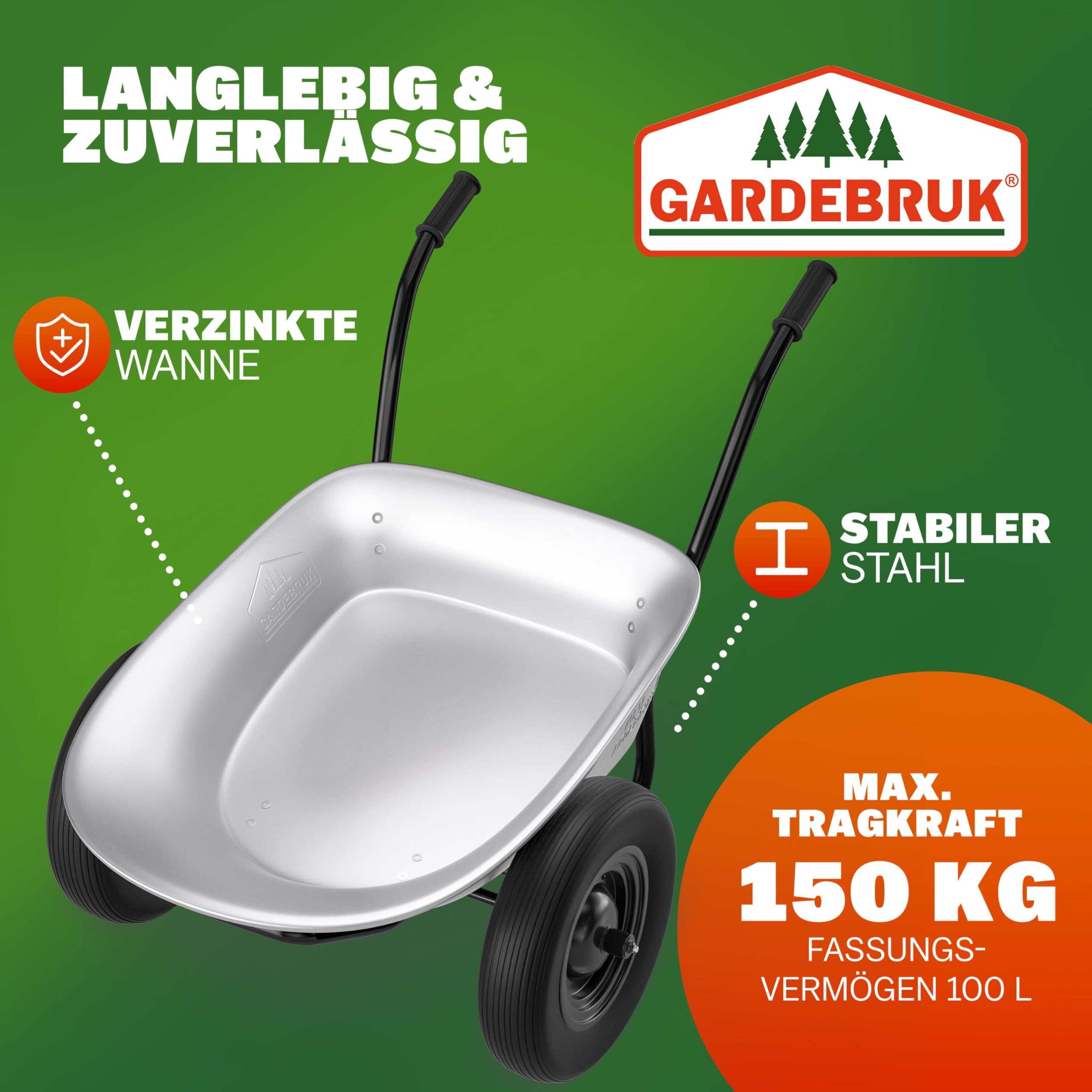 GARDEBRUK Schubkarre 2 Rad 150kg 100L Stahlfelge 2 Luftreifen Autoventil Gleitlager