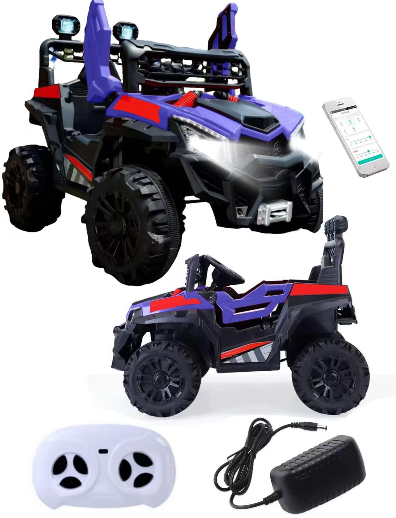 12V Kids Electric Ride On Car, 2 Seater Kids Electric Car, Electric UTV, Remote Control, LED Lights, Horn, MP3 Music, 4 Motors, 4 Wheel Suspension, USB, EVA Wheels, Bluetooth, Leather Seat, Blue