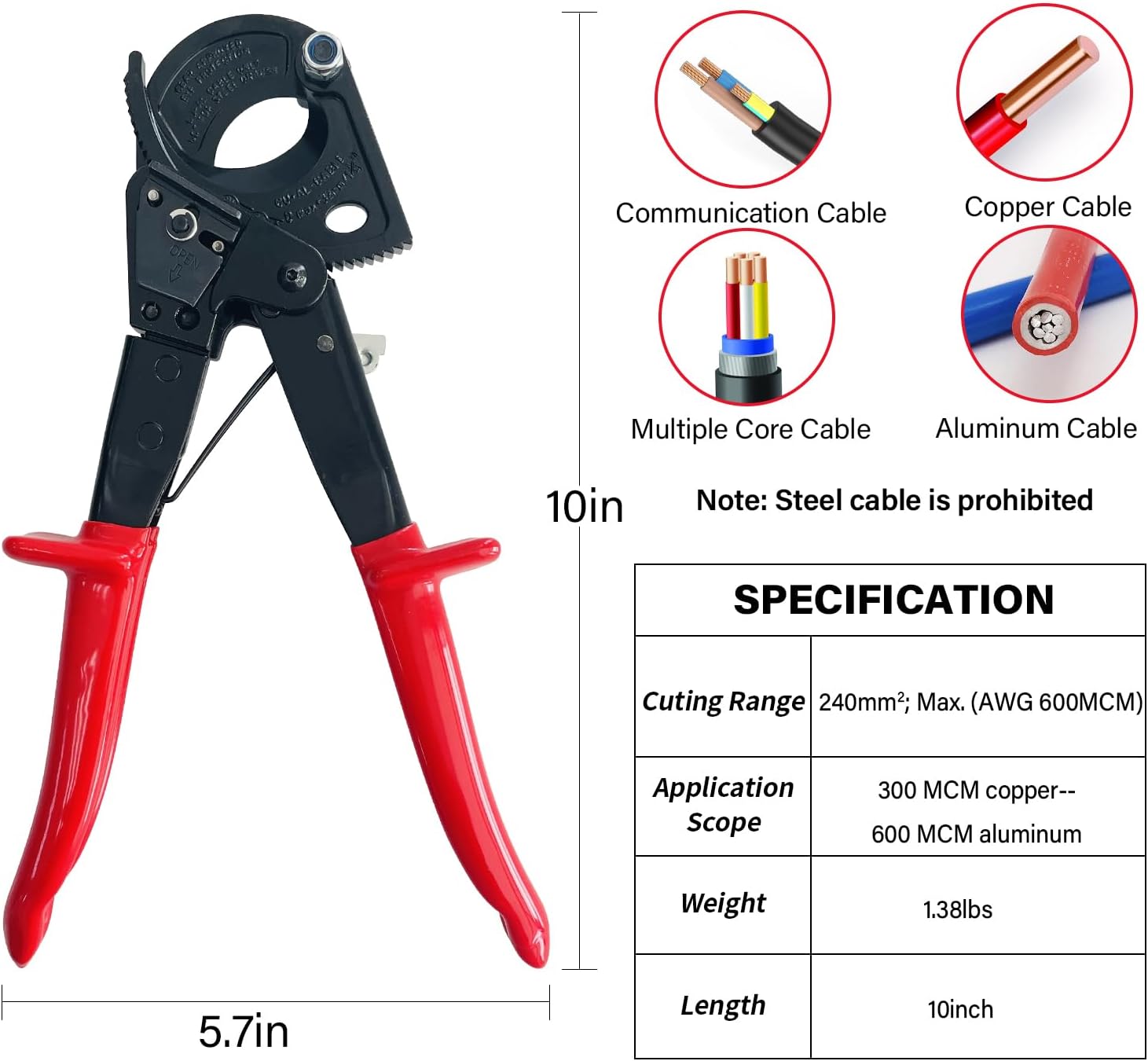 Heavy Duty Ratchet Cable Cutter, Aluminum Copper Wire Up to 240mm/600MCM