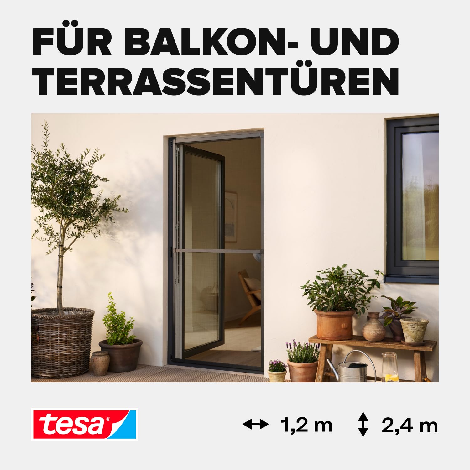 tesa INSECT STOP Aluminium-Rahmen Fliegengitter Tür 120 x 240 cm Anthrazit | Langlebiges Fliegengitter mit Clear-View-Gewebe, Aluminium-Rahmen, Selbstschließfunktion und 30 % schnellerem Aufbau