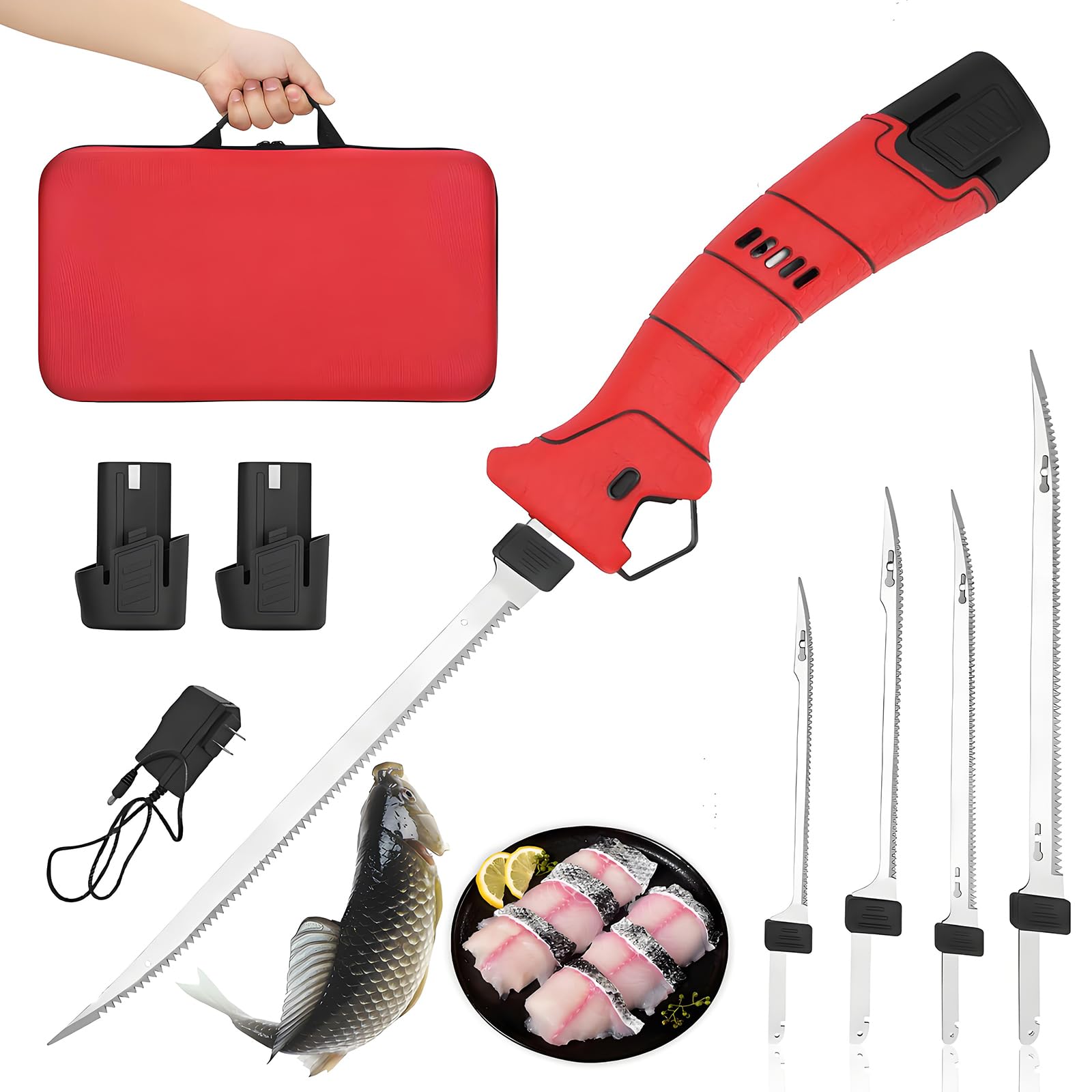 Cuchillo De Filete Eléctrico para Pescado, Cuchillo De Fileteado De Pescado Inalámbrico con 4 Cuchillos De Filete Recíprocos Antiadherentes De Nitruro De Titanio SS
