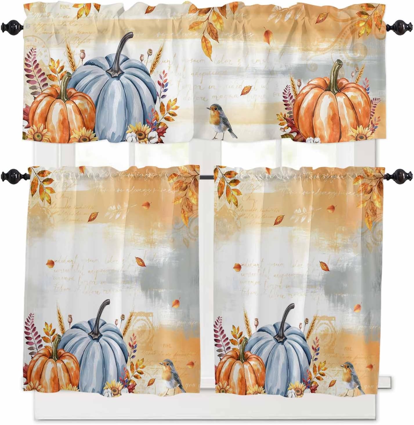 Painted Pumpkins Kitchen Curtains and Valance Set, Farmhouse Window Curtain Valance 54''x18'', Thanksgiving Fall Leaves Autumn Bird Small Short Half Tier Curtains for Bathroom Cafe 55x24 Inch