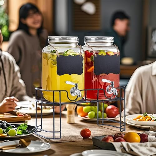 Miniatura 6 de Dispensador de bebidas de vidrio de 1 galón con soporte, paquete de 2 dispensadores de bebidas de vidrio con espita de acero inoxidable, dispensador