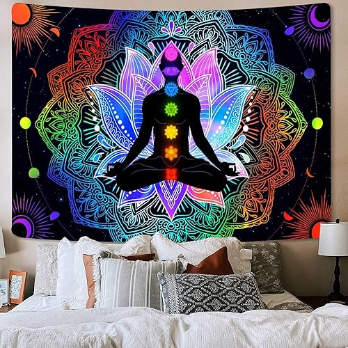 Miniatura 2 de Torich Tapiz de siete chakras, luz negra, meditación reactiva a los rayos UV y espiritual para yoga, pósteres verticales, hippie mandala trippy