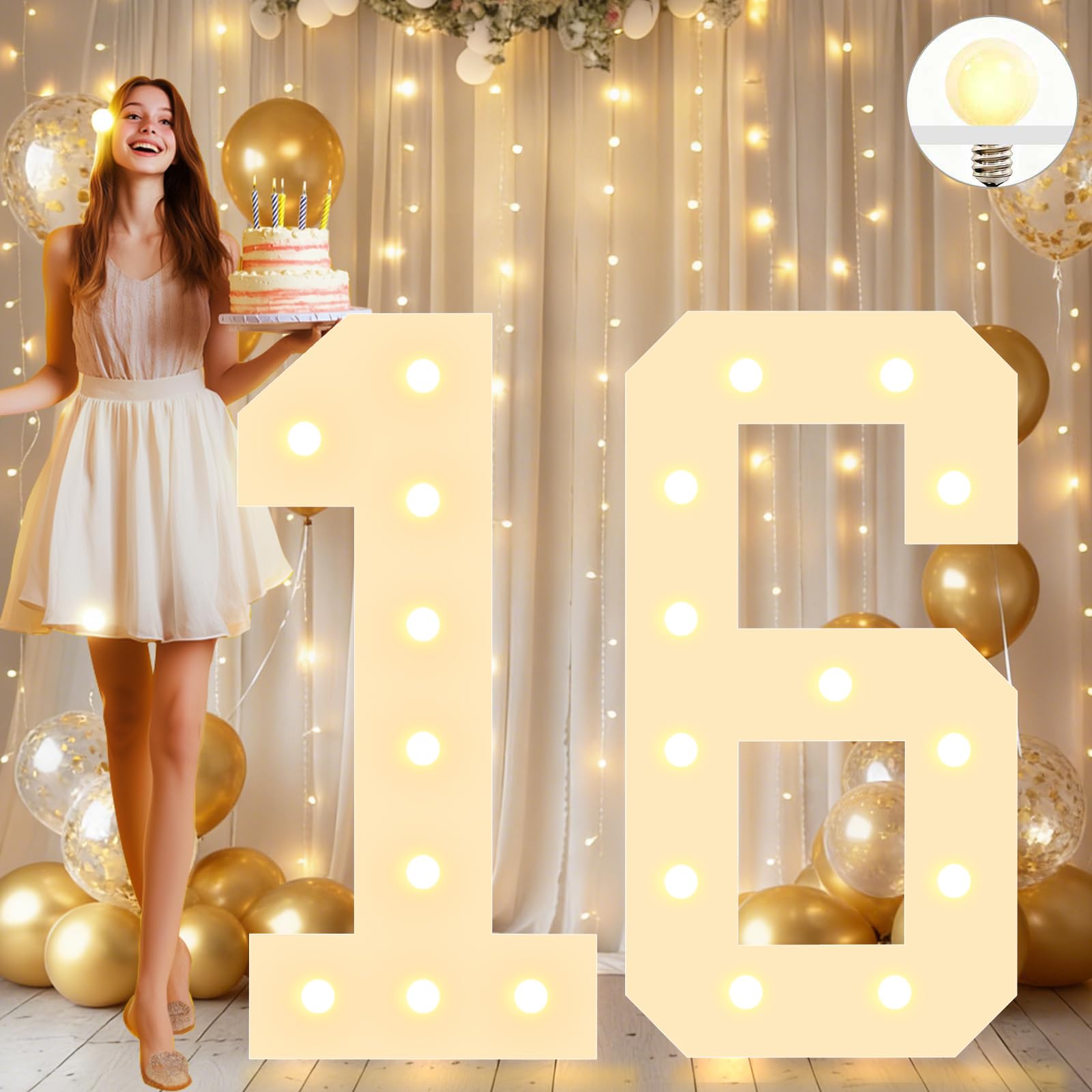 4FT Decorative Light Up Numbers for Birthday Decoration, White Marquee Number Sign for 16th Wedding Anniversary Backdrop Party Decor Big Mosaic Number Frame Foam Cardboard Pre-cut Number 16