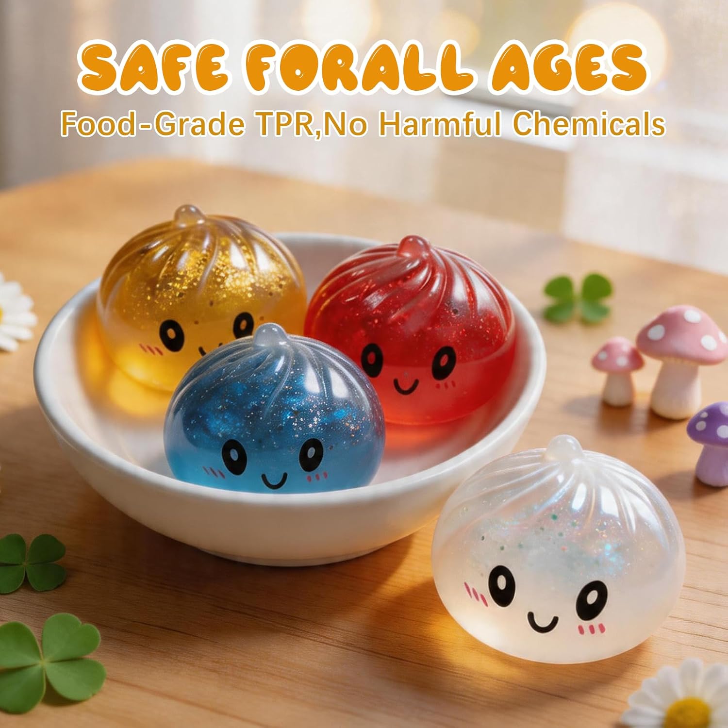 4Pcs Mini Glitter Dumpling Squishy, 2026 Upgrade Glitter Dumpling Squishy Mystery Box, Colorful Dumplings Stress Balls Fidget Sensory Toy, Stocking Stuffers with Food Steamer Stretchy Desk Toys