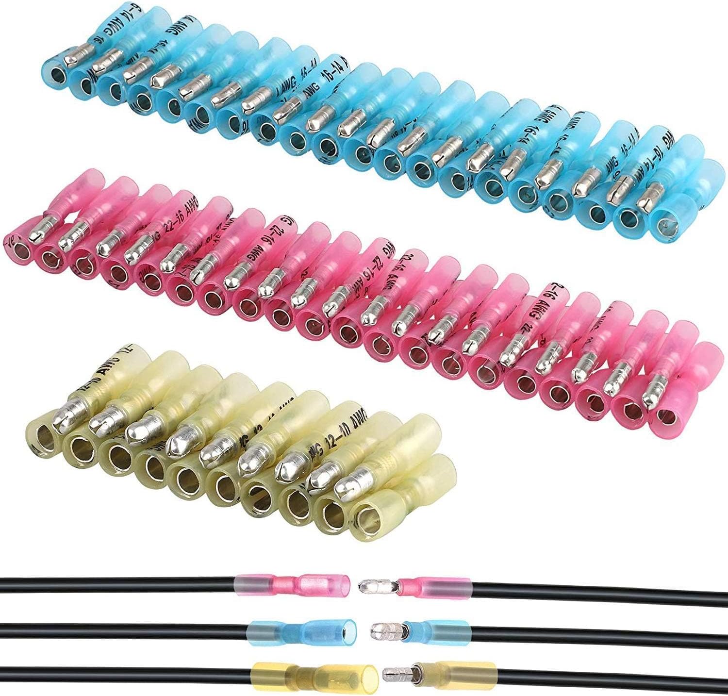 EEEkit 100pcs Heat Shrink Bullet Connectors,Female & Male Bullet Butt Crimp Terminals Assortment Kit, Waterproof Insulated Marine Automotive Electrical Crimp Connectors (12-10AWG,14-16AWG,18-22AWG)