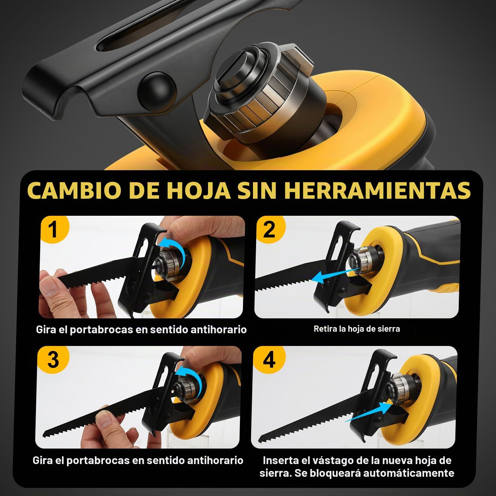 Roadtime Sierra Sable Inalámbrica para DeWalt 20 V baterías (sin batería),motor sin escobillas 0-4000 RPM Sierra Electrica de Velocidad Variable, con 4 Cuchillas para Cortar PVC/Madera/Metal