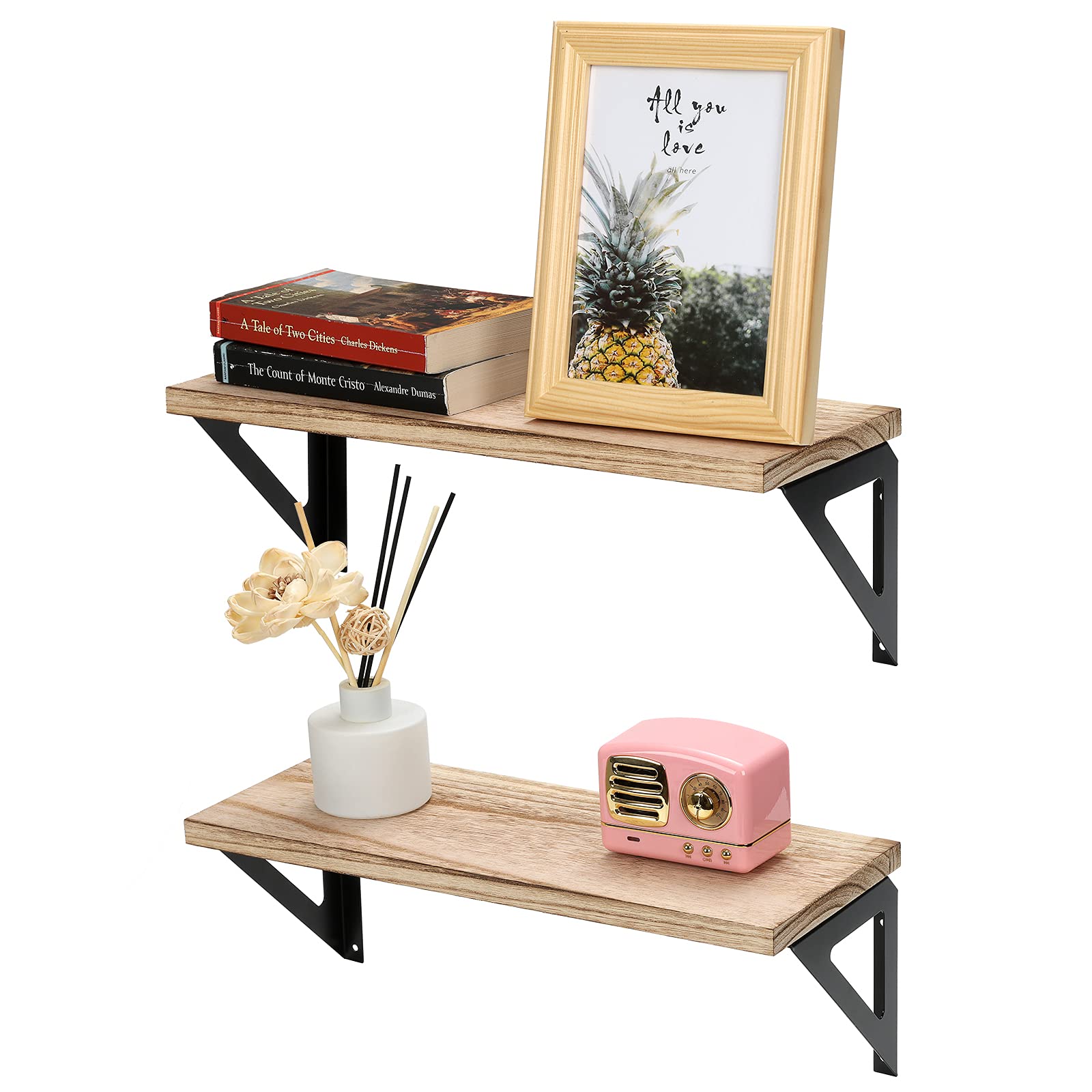 KINLINK Floating Shelves, Rustic Wall Shelves Set of 2, Wall Mounted Shelf for Wall, Bedroom, Living Room, Bathroom, Kitchen and Plants, Light Brown