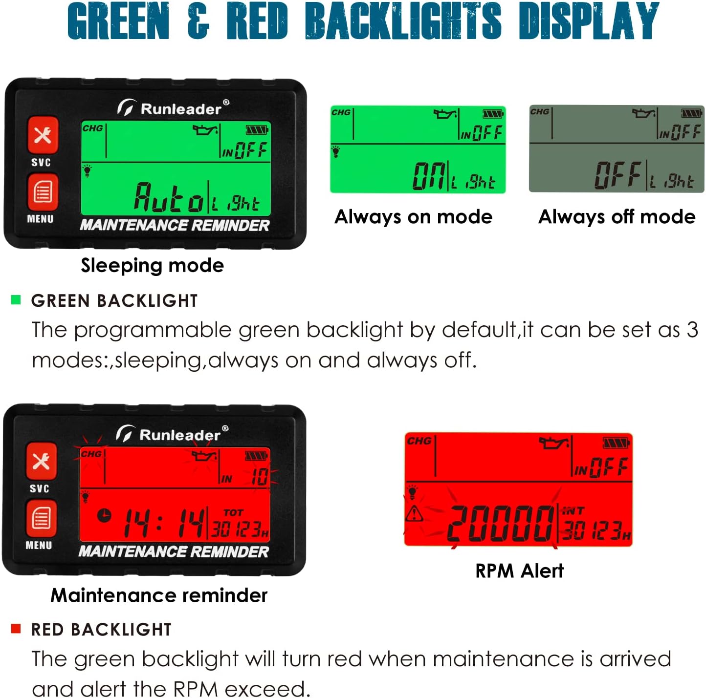 Runleader Digital Self Powered Hour Meter Tachometer,RPM Alert, Multiple Maintenance Reminders,Backlights Display & Selection for Lawn Mower Generator ATV Outboards Snowblower Motorcycle