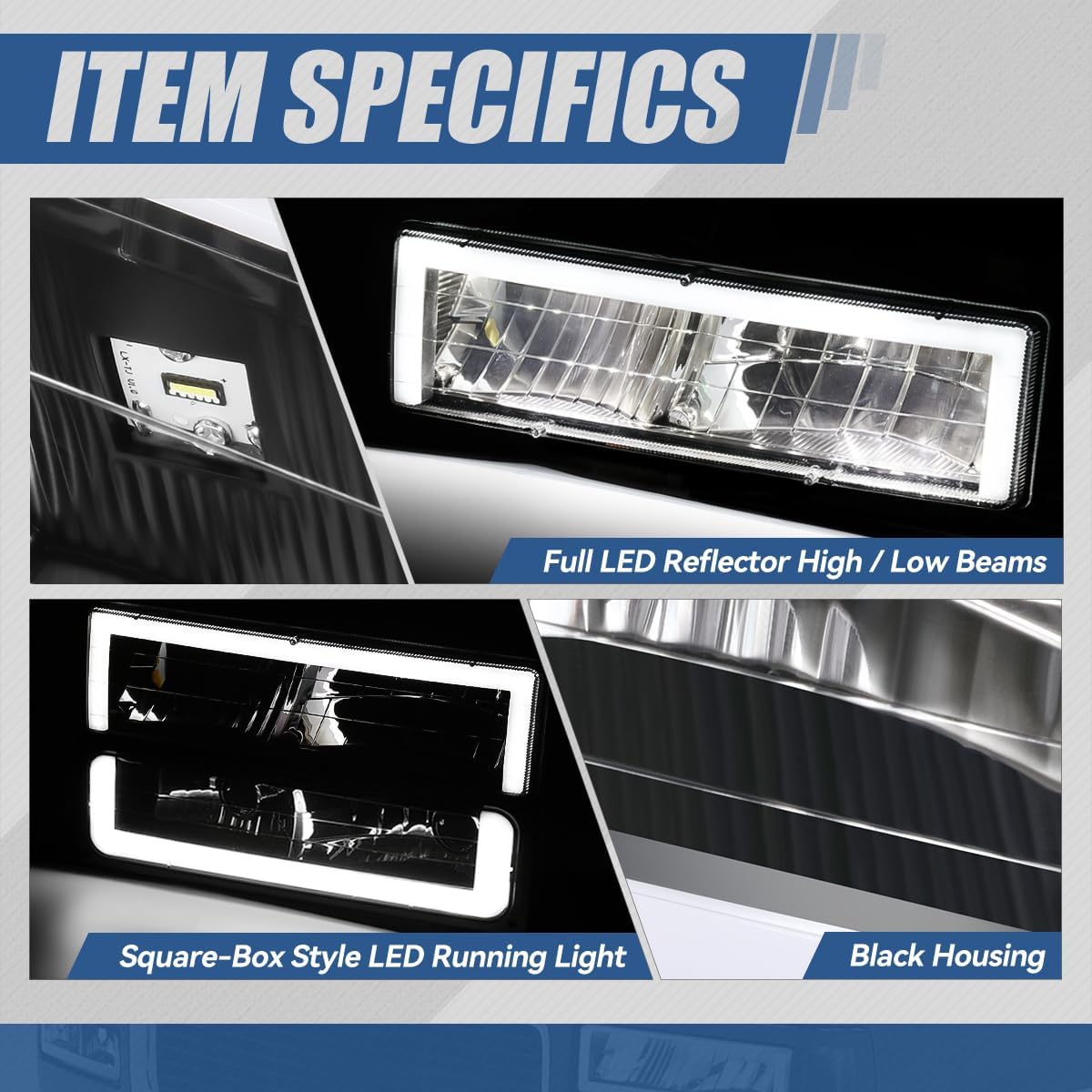 Auto Dynasty LED DRL Headlights Assembly Compatible with 1994-2000 GMC C/K Series Yukon Suburban, 8Pcs Headlamps Replacement w/Bumper Lamps, Box-Style LED Switchback DRL, Black Housing Amber Corner