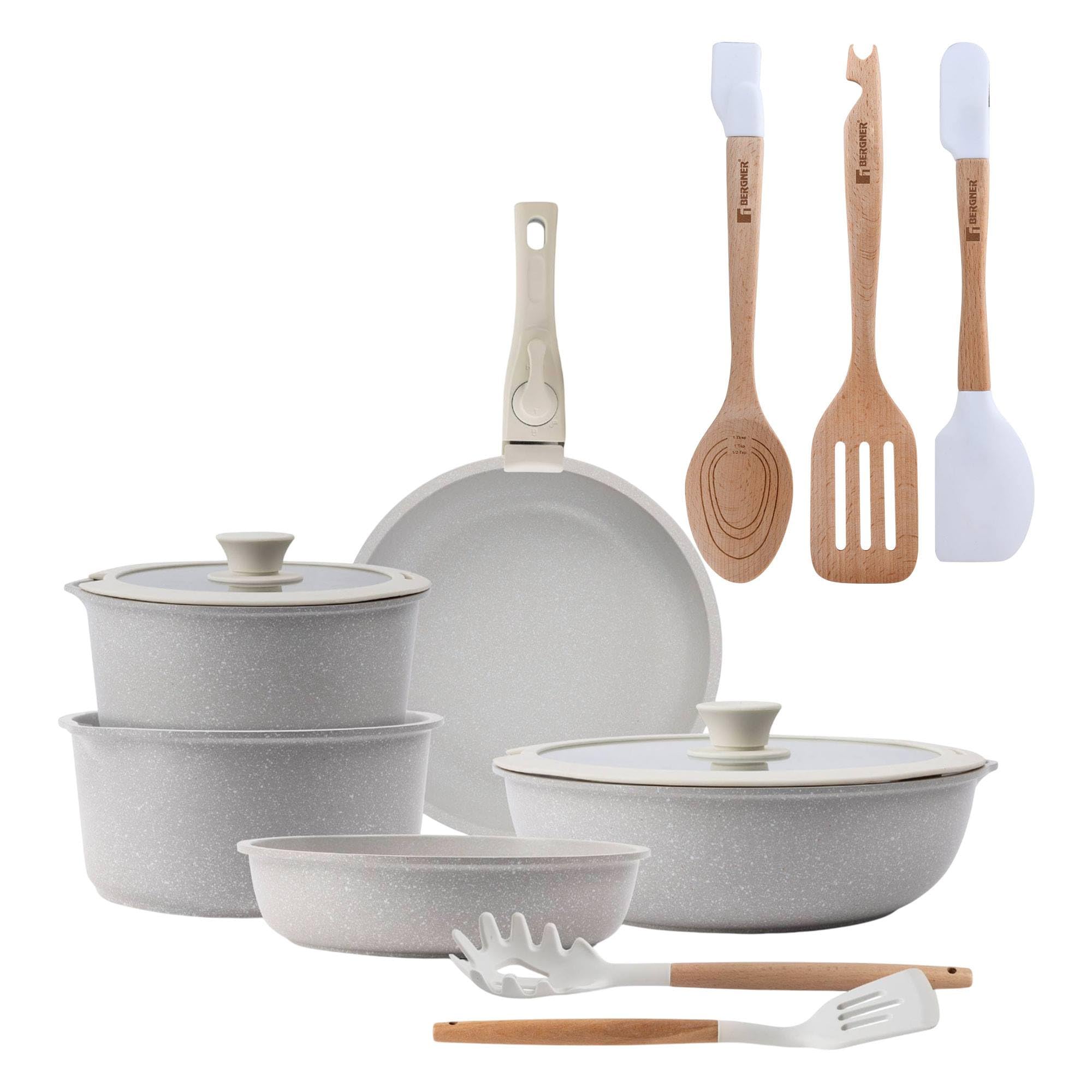 Kochgeschirr-Set, 10-teilig, Beige/abnehmbarer Griff, 3 Pfannen, 2 Töpfe, Deckel und Utensilien + 3-teiliges Küchenhelfer-Set aus Silikon und Holz