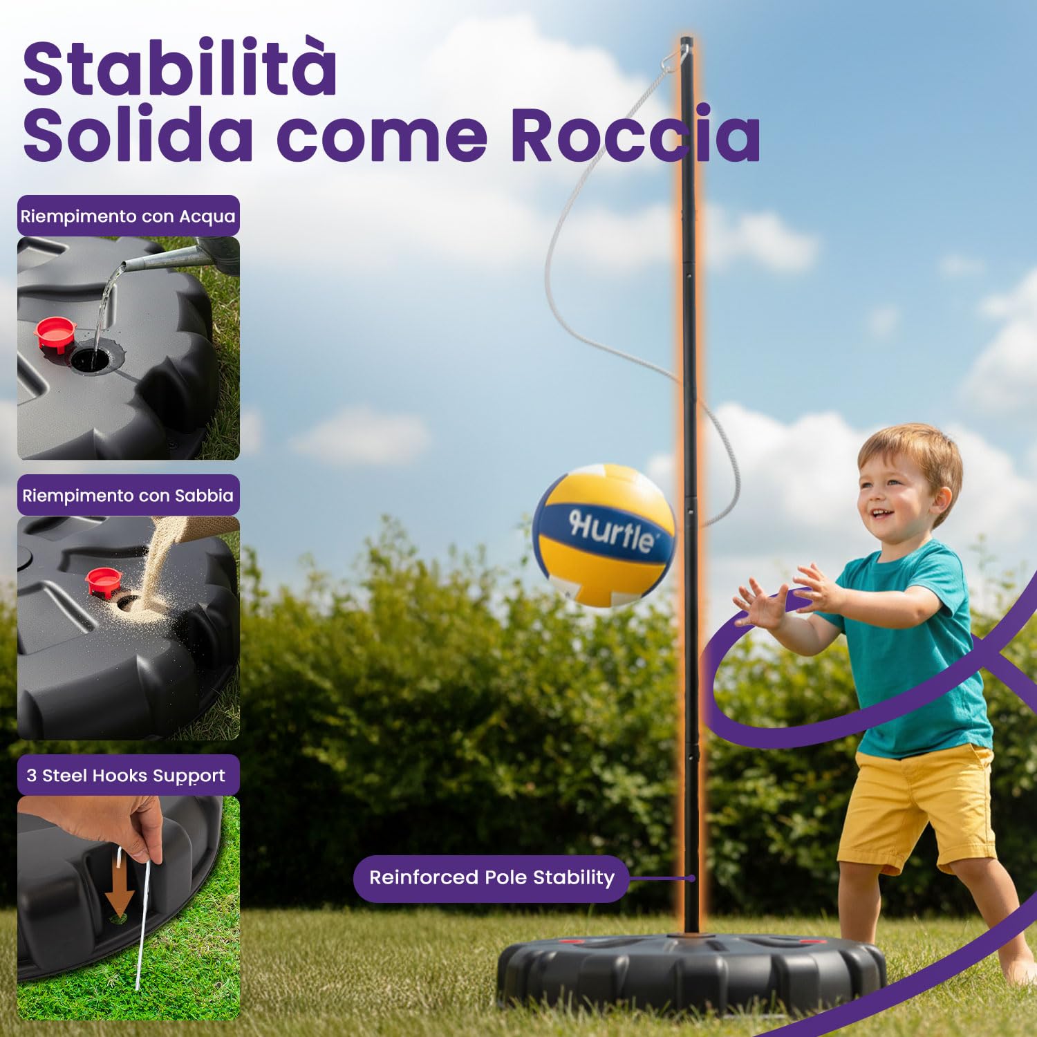 Hurtle Gioco di Tetherball con Palla e Corda, Base Pesante e Palo Regolabile 1,2–2,7 m, Gioco da Esterno Bambini, Giochi Adolescenti per Prato, Patio e Giochi per Bambini all’Aperto