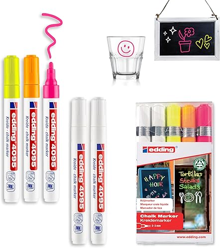 edding Juego de 4095 - Pizarras redondas blancas (2X), amarillo, naranja, rosa, de 0.079-0.118 in, con limpieza húmeda, ventanas, vidrio, espejos,