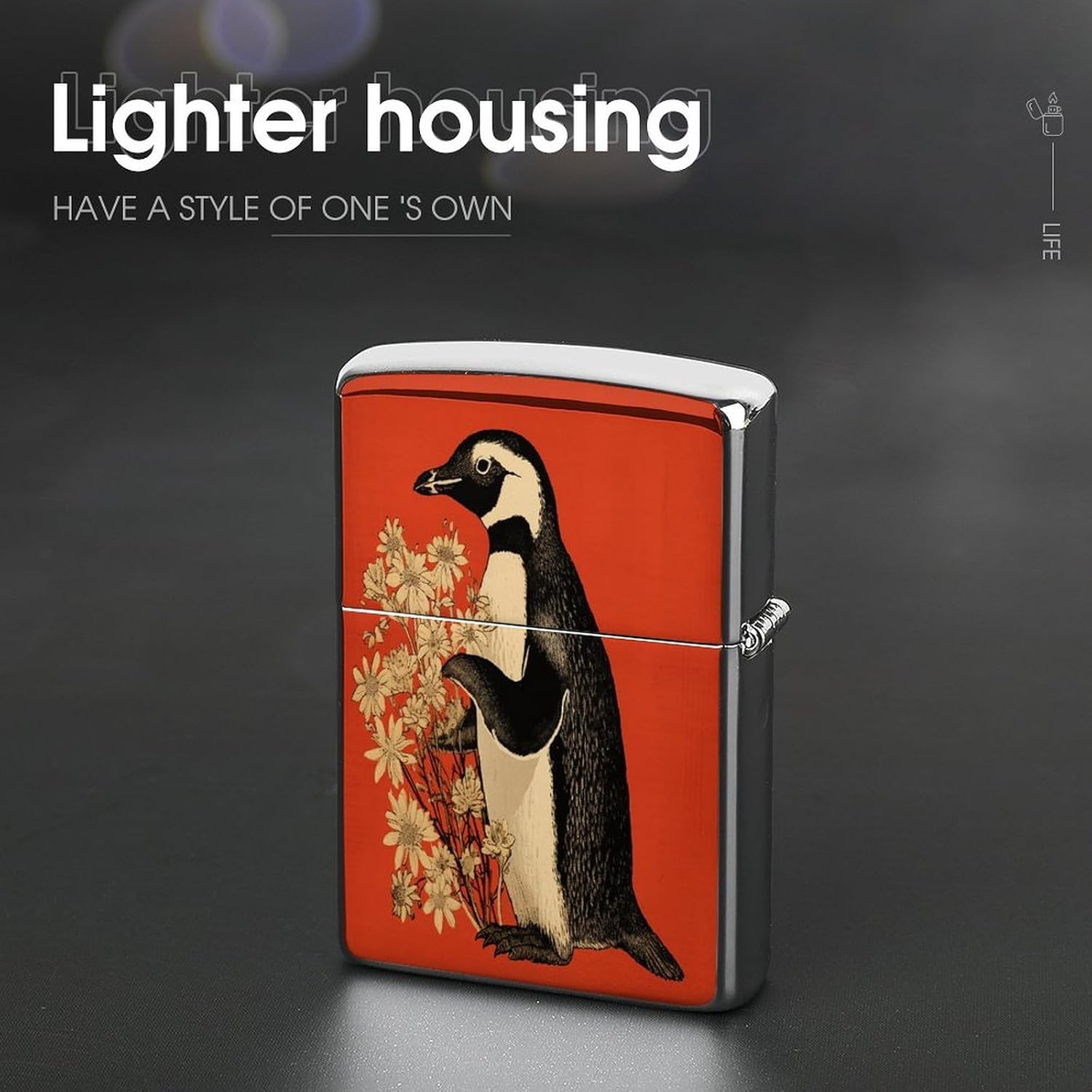 Penguin Holding Flower Metal Lighter Case Cover Lighter Sleeve
