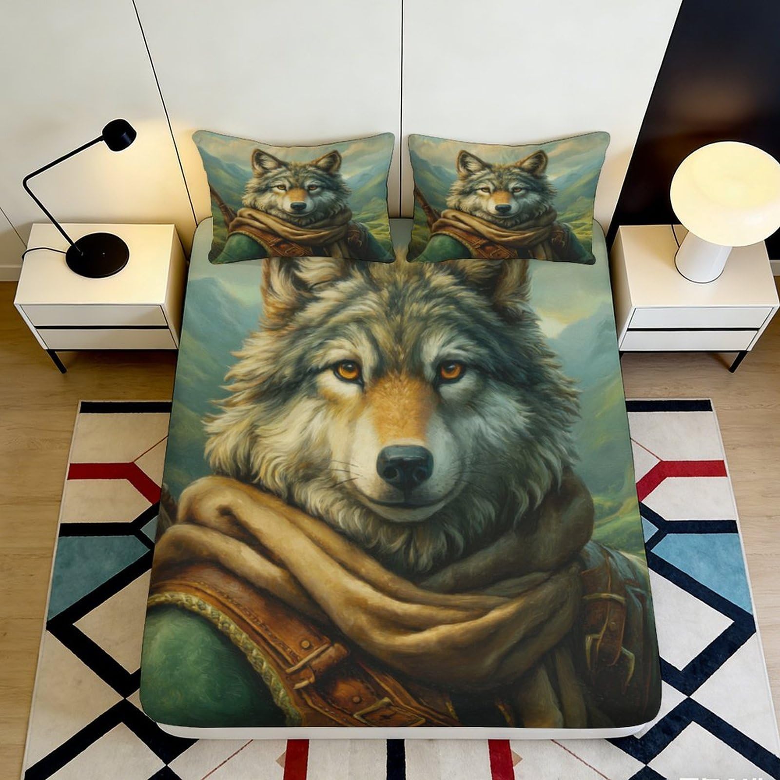 3D Printed Wolf Portrait Fitted Sheet Microfiber Non-Slip Artistic Animal Bed Cover for Bedroom Guest Room Decor 180x200x25cm