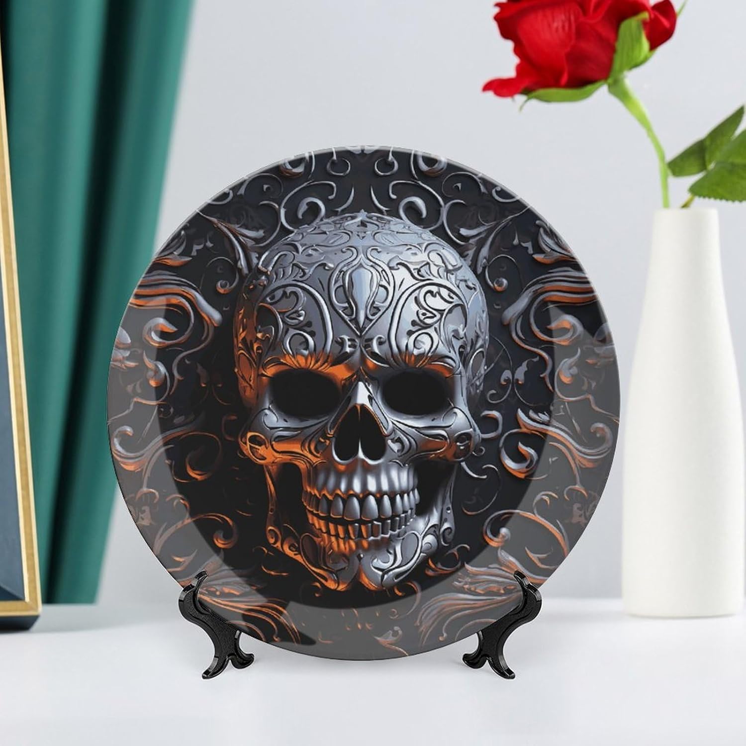 Cool Skull Graphics Ceramic Plate 10inch Decorative Bone China Wall Hanging Ornament Plates Bohemian Style Dinner Plate with Display Stand Cabinet Display Plates for Home Art Decor