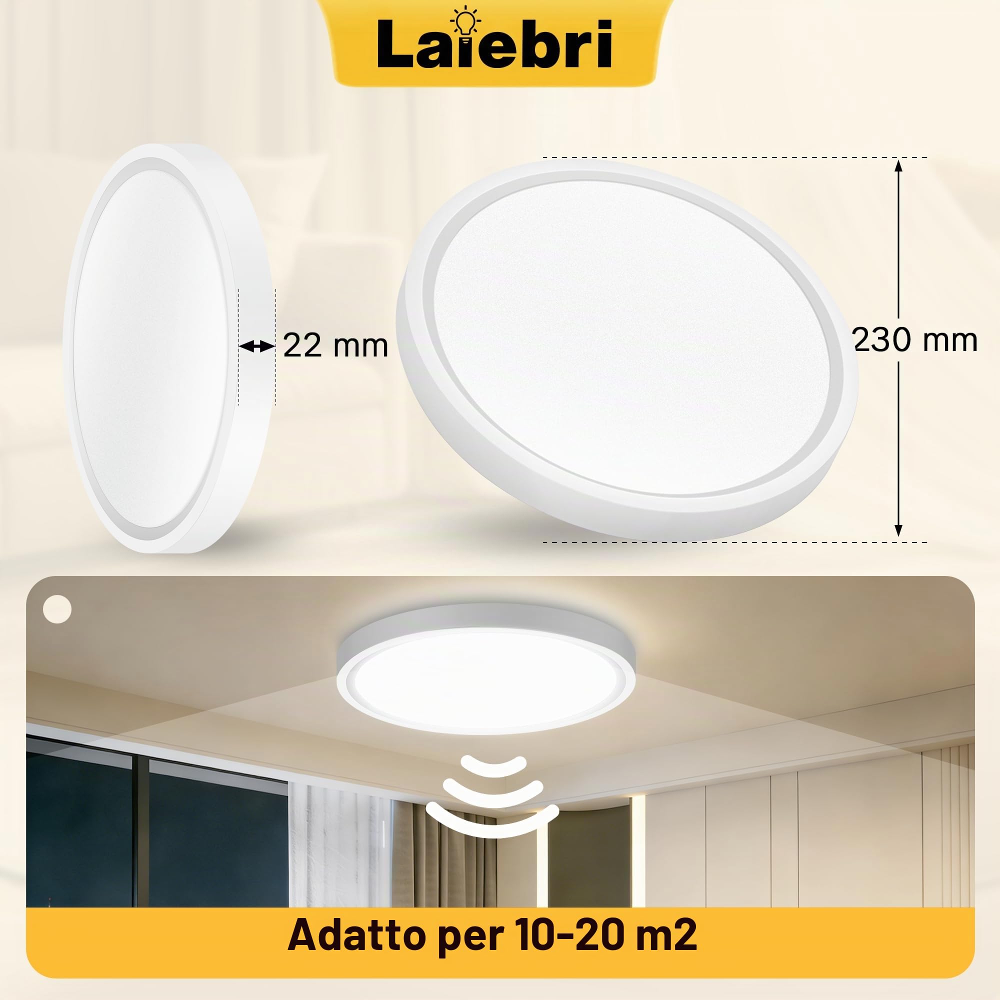 2 pack LED Plafoniera ultrasottile con sensore di movimento, ideale per corridoi, scale, cucine, balconi o ripostigli. Luce bianca neutra 4000K, Ø 230 x 22 mm
