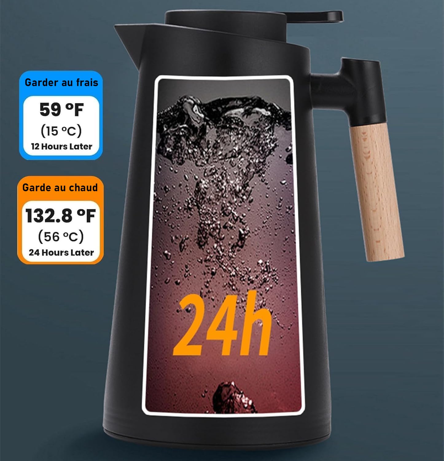 Lot de 2 Carafes Isothermes 1 L avec Doublure en Verre et Poignée en Bois - Pichet Thermique Double Paroi Sous Vide, Jug pour Café, Thé, Lait ou Chocolat Chaud, Noir