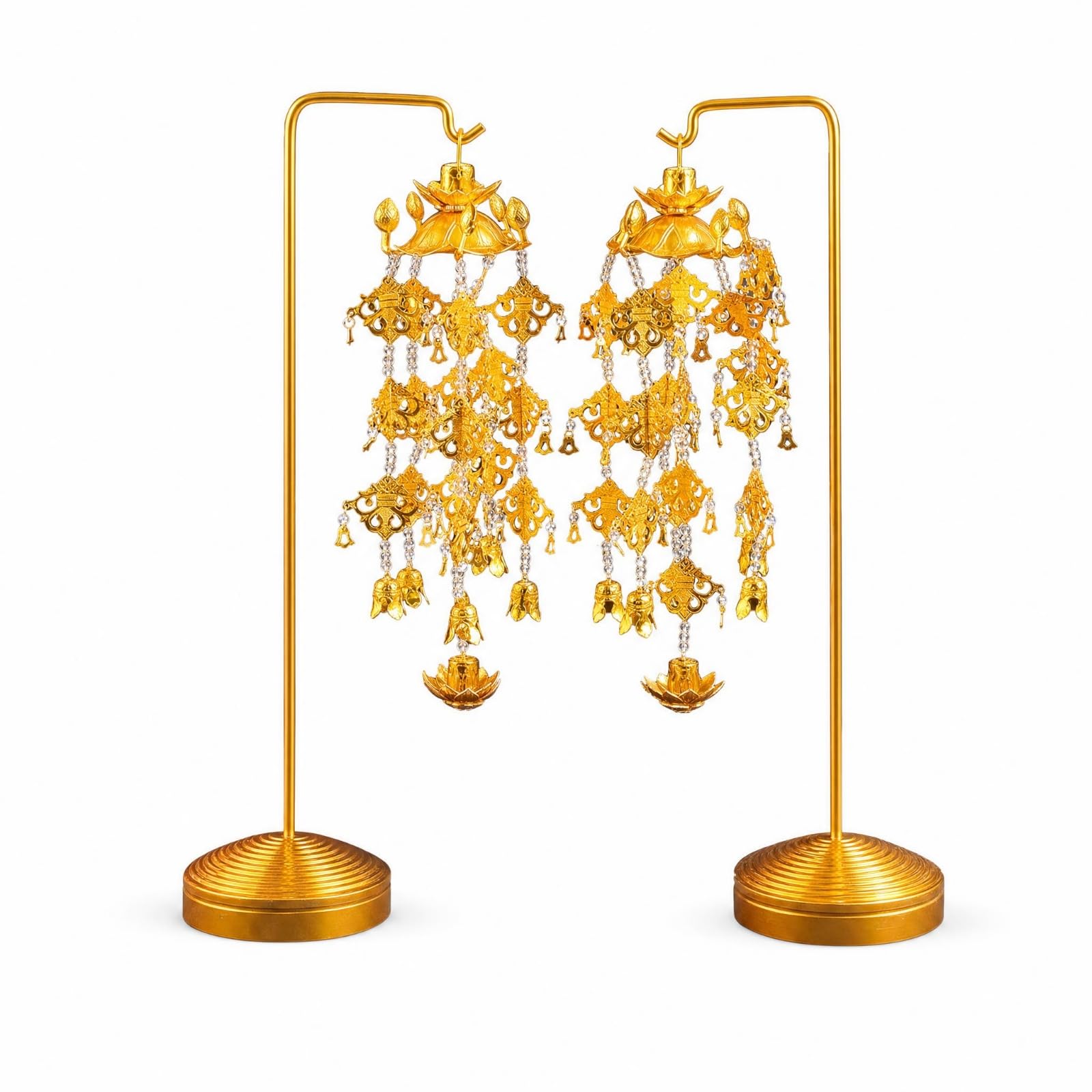 Penntif Doré Ornement Temple Bouddhiste Guirlan pour Bouddhistes, Petit, Yingluo avec Support, Une Paire Hauteur 31 Cm